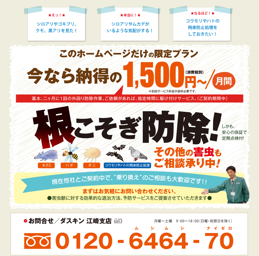 このホームページだけの限定プラン今なら納得の月々3,150円〜根こそぎ防除