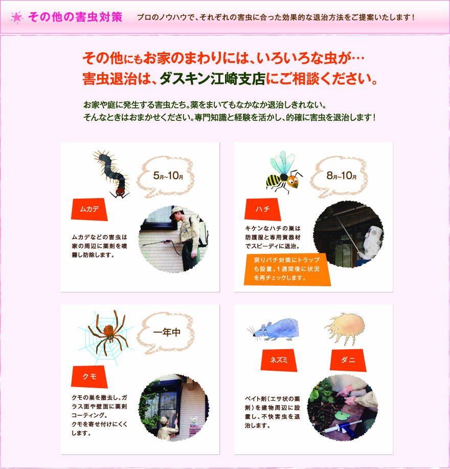 その他の害虫対策!プロのノウハウで、それぞれの害虫に合った効果的な退治方法をご提案いたします！